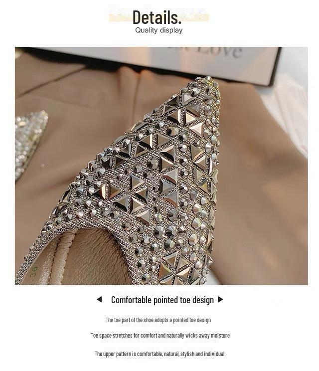 Women's 2024 Diamond-Studded Pointed Toe Chunky Heel Shoes for Spring & Autumn - Soft Bottom Wedding Shoes, Versatile Fairy Style, Large Sizes