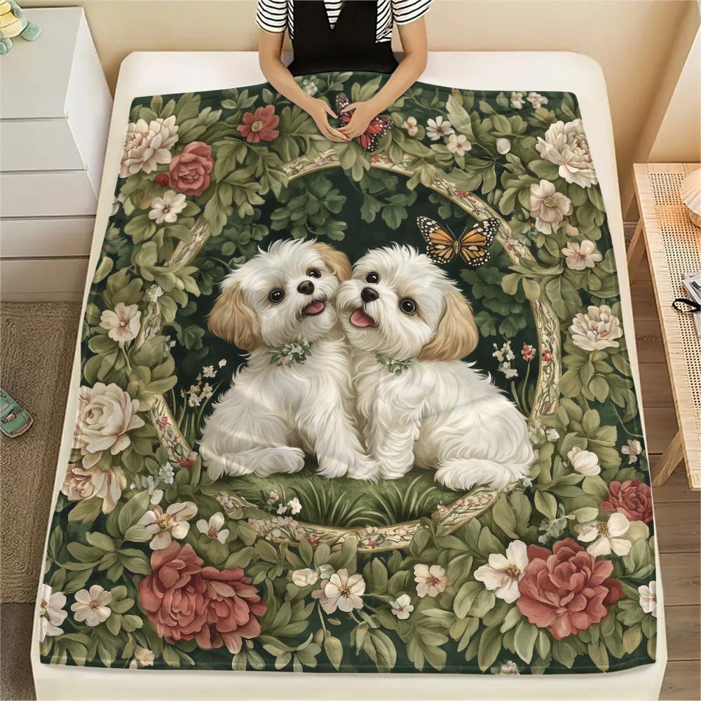 Maltese Dog and Grass,pattern Flannel Blanket, High Quality Comfortable for All Seasons, Home Decor, Warmth and Comfort, Perfect for Gifts.