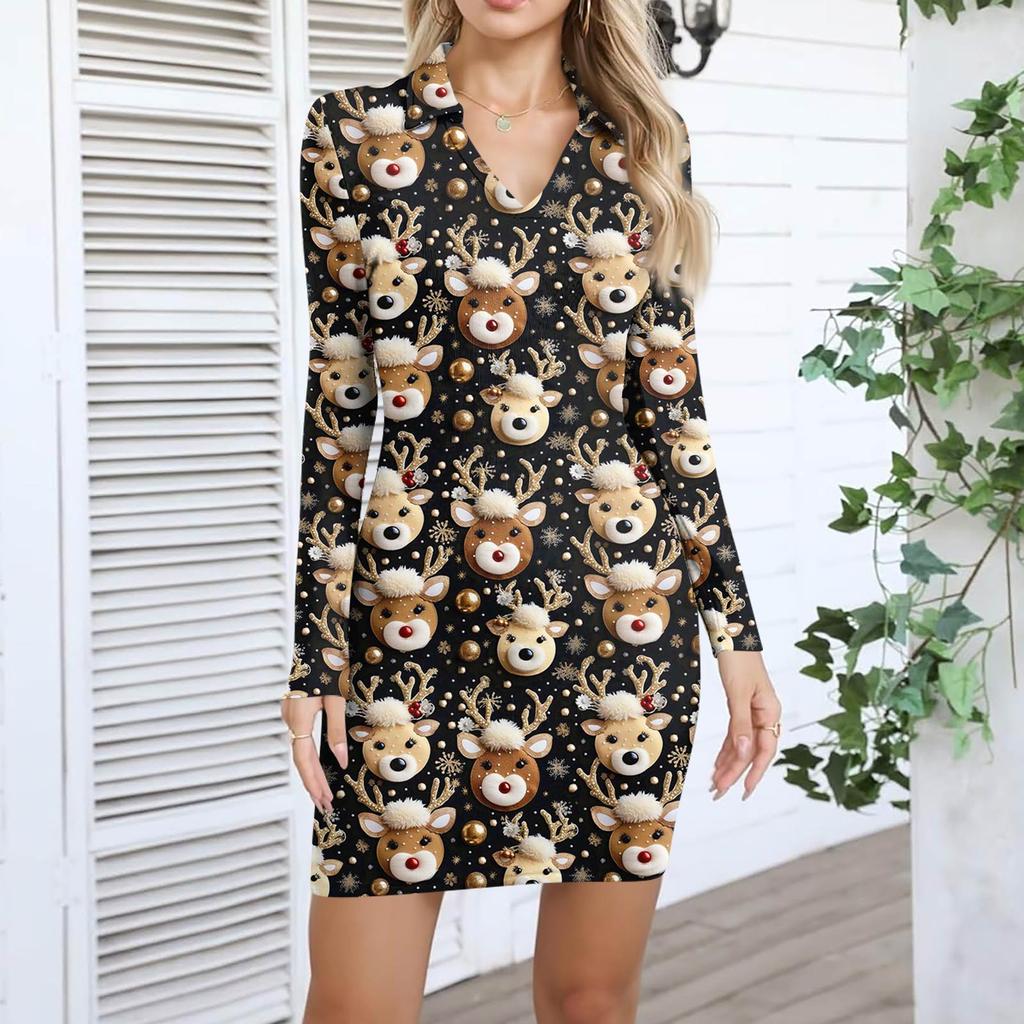 Women's V-neck Casual Print Long-sleeved Fitted Dress