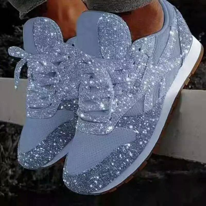 Autumn new large-size mesh breathable women's shoes hot-selling lace-up sports and leisure shoes sequined running shoes