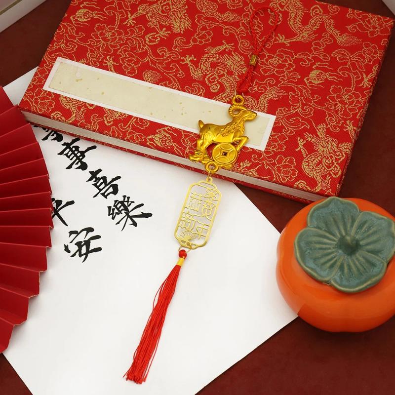 Auspicious Golden Plated Year of Goat Hanging Ornament Red Tassels for Lunar New Year Party Home Decor