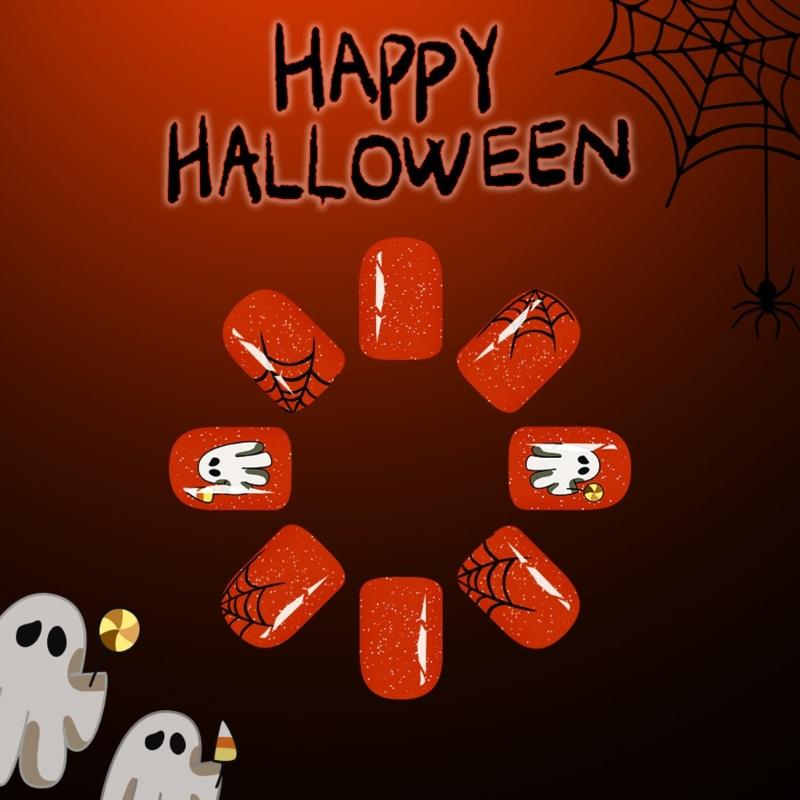 24PCS Reusable Press On Nail Halloween Theme Featuring Spooky Cobweb Skull Patterns And Comfortable ABS