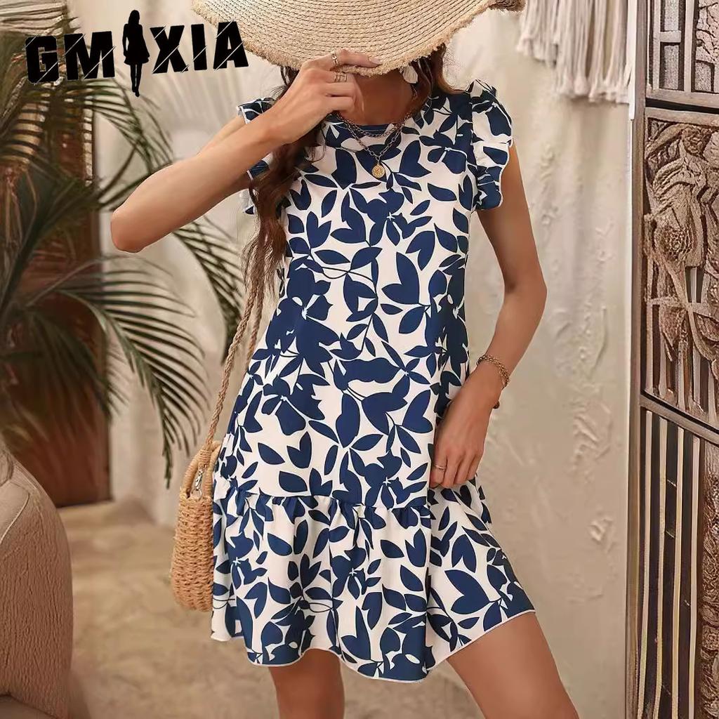 GMXIA Women's Summer O-Neck Printed Ruffle Dresses