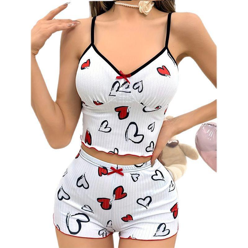 Women's Heart Print Color Block Camisole Pajama Set - Summer Two-Piece Home Wear.
