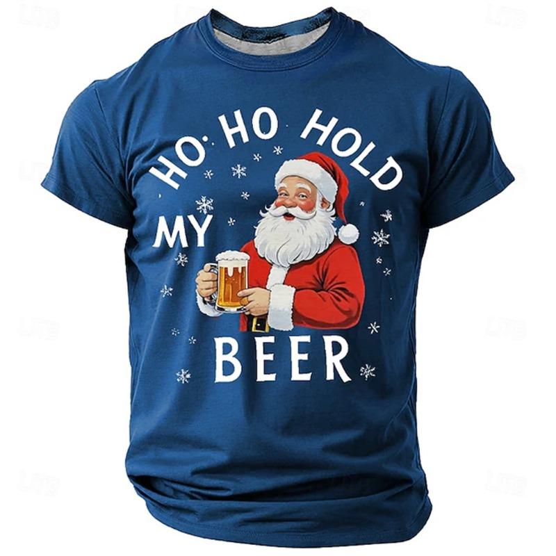 Einfaches Mode-T-Shirt mit Buchstabenaufdruck für Herren, kurzärmelig, lässig, HO HO HOLD MY BEER T-Shirt, tägliches Streetwear-Top für Herren und Damen, Weihnachtsmann-Grafik