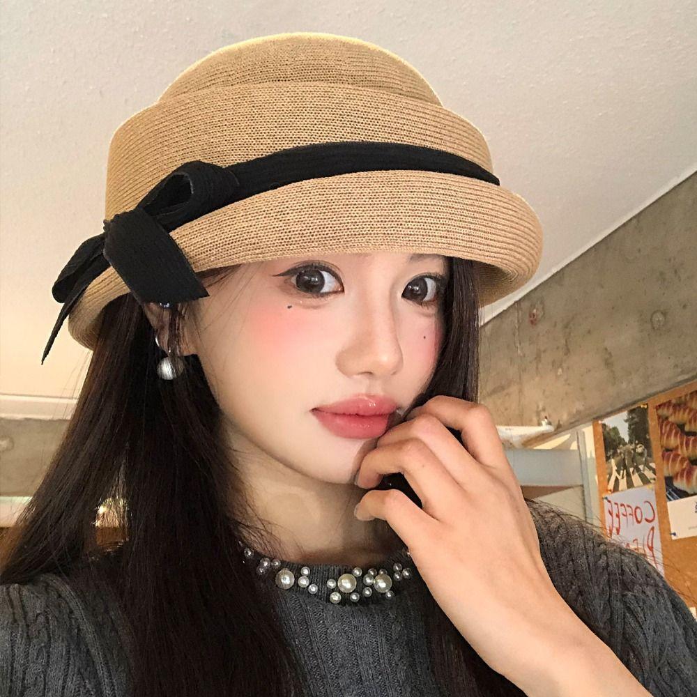 Bowknot Hepburn Style Formal Hat Knitted Fisherman Hat Fashion Bow Topper Hat Streetwear