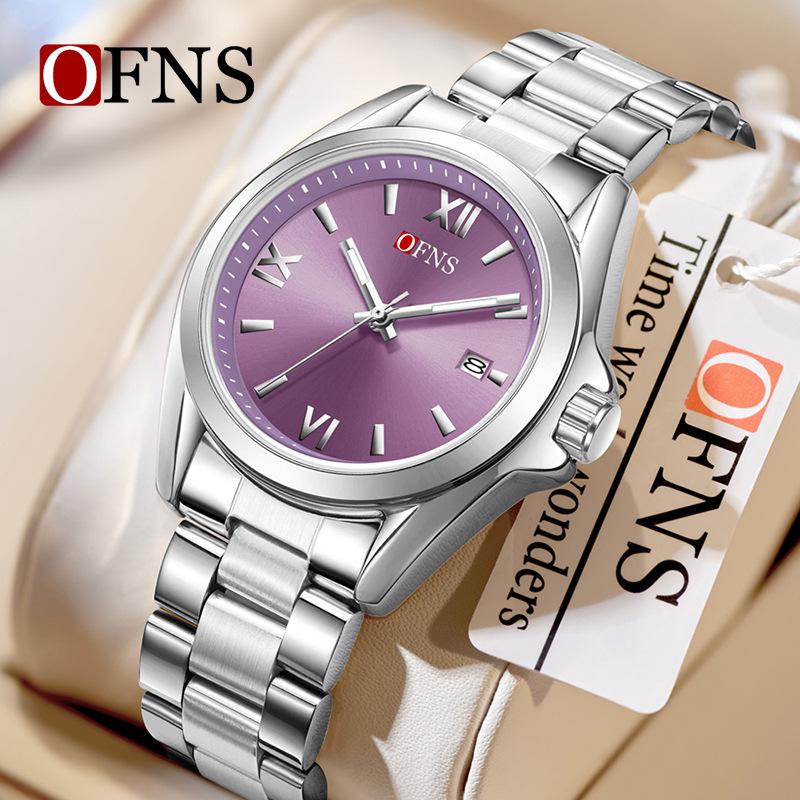 OFNS Women s Korean Style Quartz Watch - Large Dial, Calendar, Waterproof, Luminous Solid Steel Band, Business Model