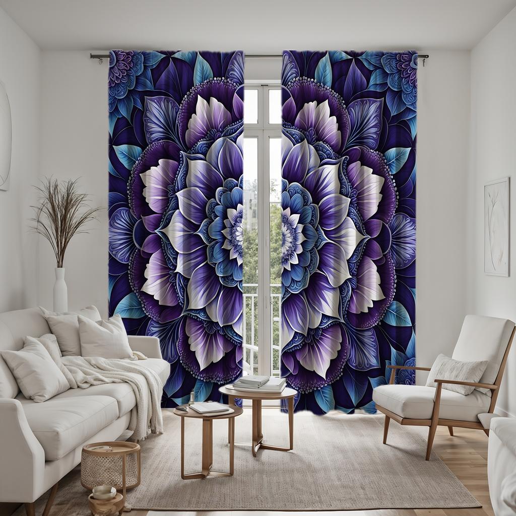 2pcs HD Mandala Flower Decorative Curtain Purple Tie Digital Printed Curtain Home Decoration Style Decoration Living Room Bed