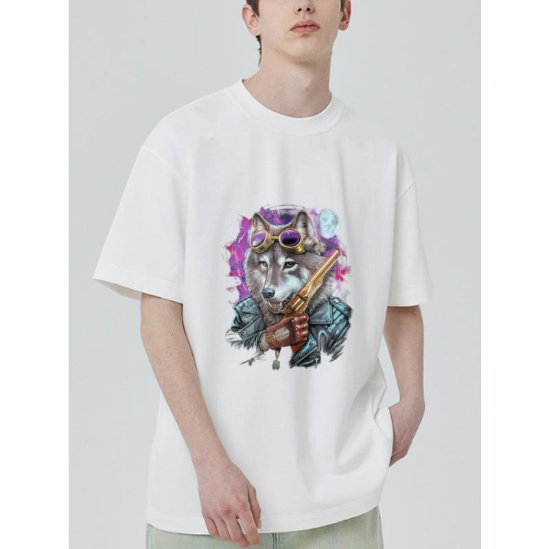 White T Shirt Wolf with Goggles and Gun Graphic Print Casual Streetwear Top for Men and Women