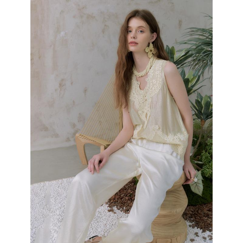 DIMANAF 2026 Neues Weste-T-Shirt Damen Spitze Rundhalsausschnitt Ausgeschnitten Sommerstil Basic Tops T-Shirts Lockere Weste