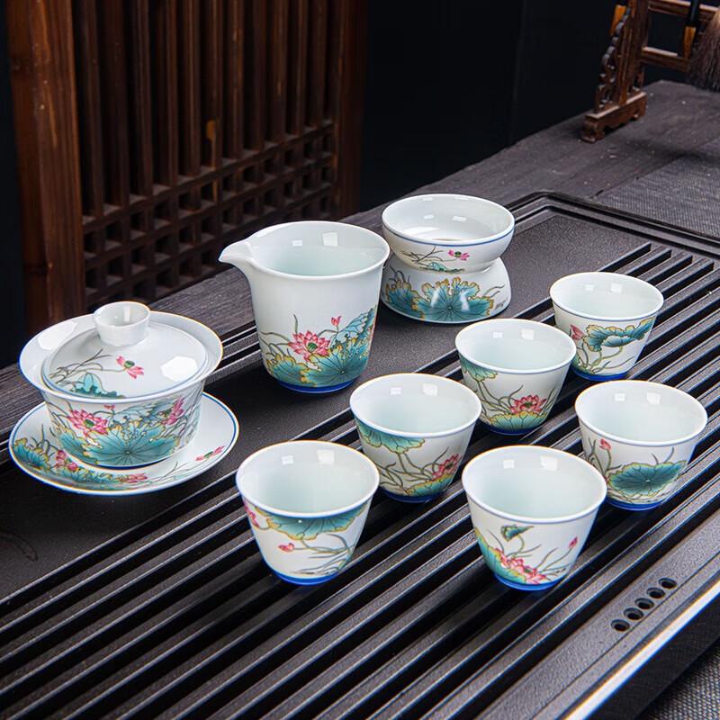 YIXI Pink-Green Lotus Ceramic Kung Fu Tea Set