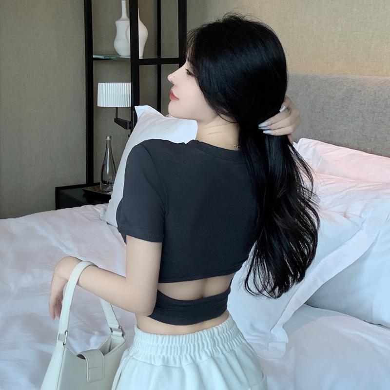 

Летняя сексуальная женская укороченная футболка, повседневная футболка с открытой спиной и коротким рукавом для женщин, приталенная белая футболка с круглым вырезом, простая хлопковая футболка, одежда 24381 темно-серого