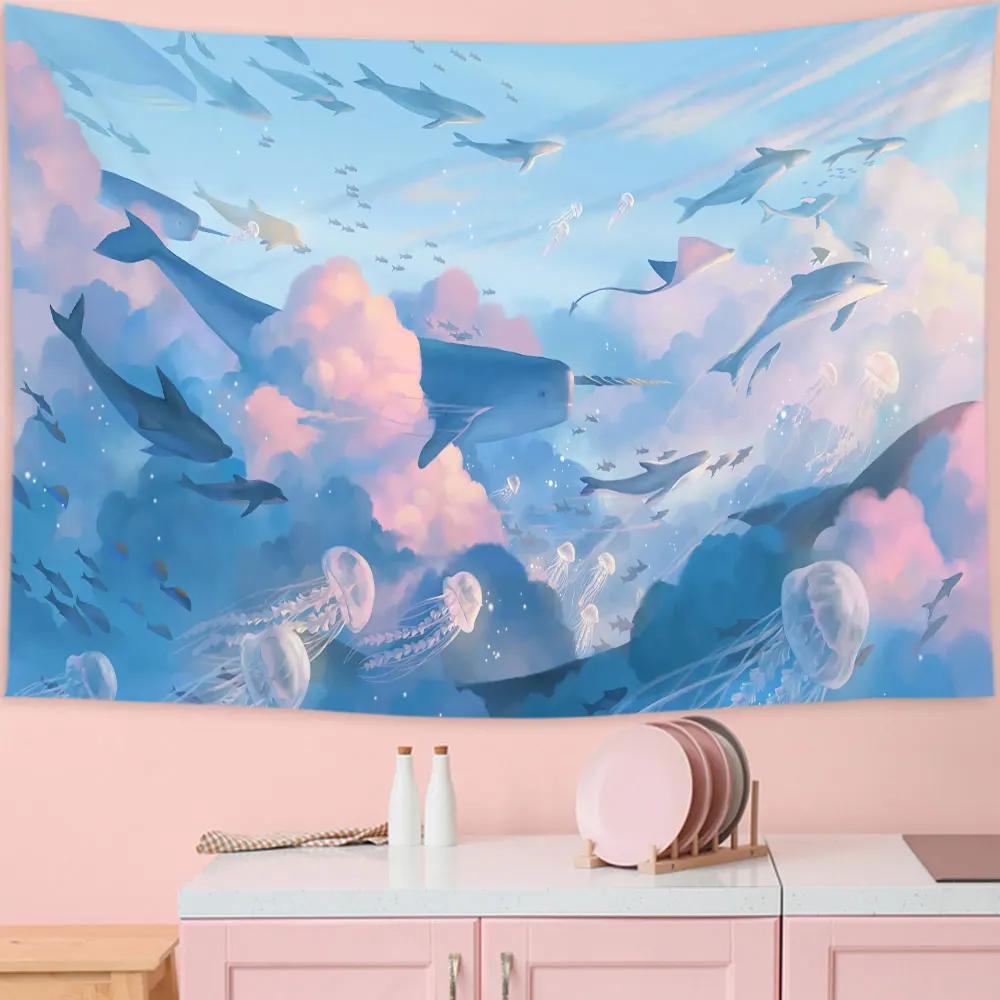 Cartoon Sky Dolphin Tapestry Wall Hanging Pink Clouds and Whales Tapestry Aesthetic Kawaii Room Decor Print Home Decor