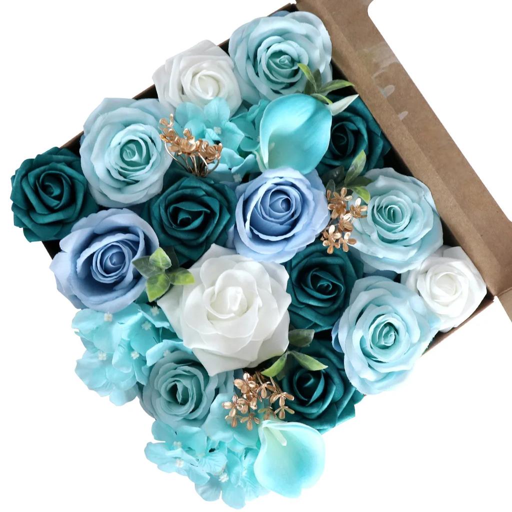 Pink Blue Artificial Flowers Combo Box Set for DIY Floral Arrangement Wedding Bouquet Party Table Centerpieces Decoration