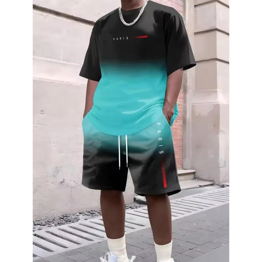 New Men's Summer Two-piece Set Men's T-shirt Top Shorts Set Men's Round Neck T-shirt Loose Casual