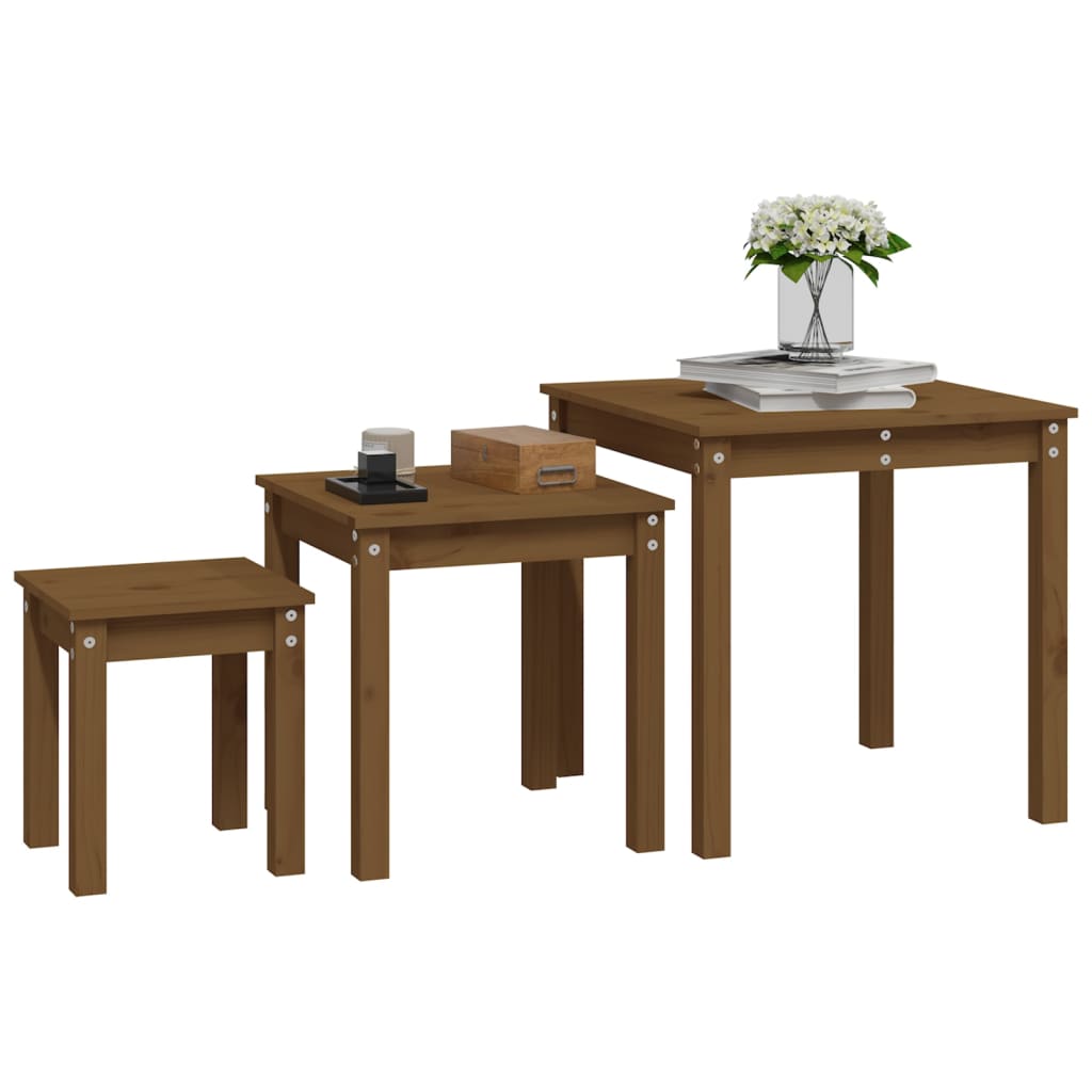3 Piece Nesting Tables Set Honey Brown Solid Pine Wood