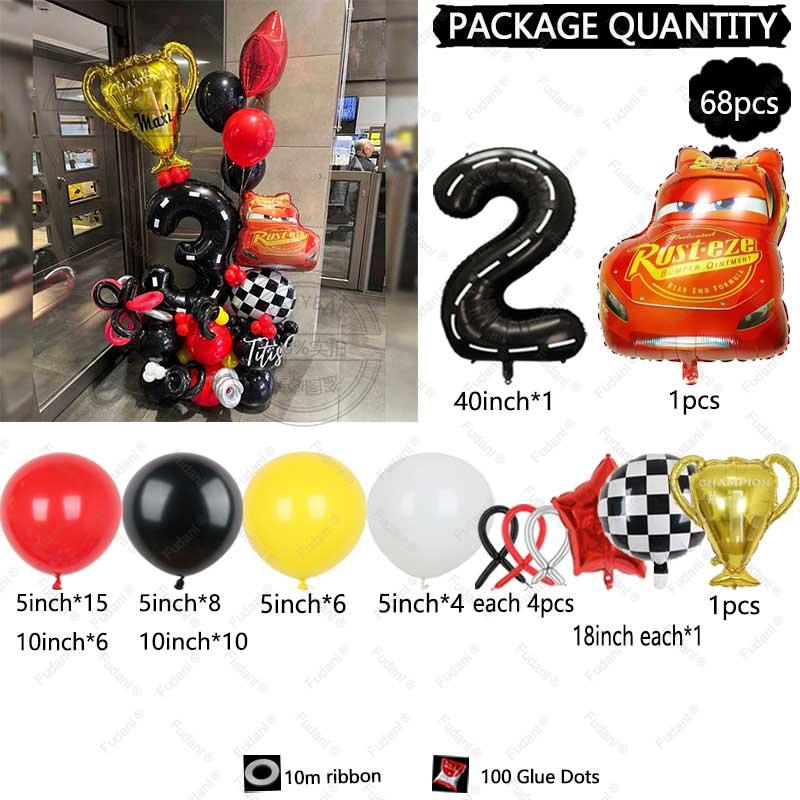 68PCS Cartoon Cars Series Lightning McQueen Red Yellow Black Latex Balloon Set 40inch Number Foil Ball Boy Birthday Party Favors