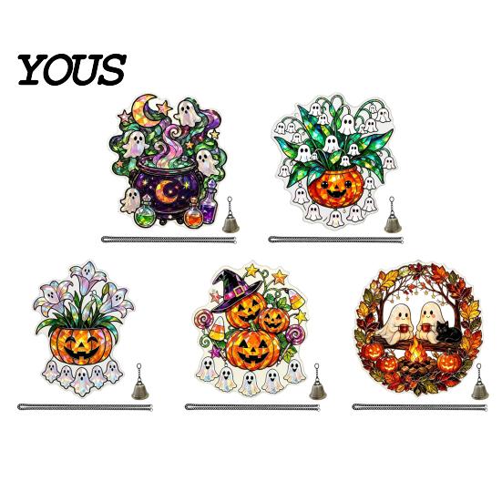 Pumpkin Party Decor Halloween Acrylic Hanging Decoration, Cartoon Ghost Ornament with Double Sided Bell, Suncatcher for Indoor Outdoor Holiday