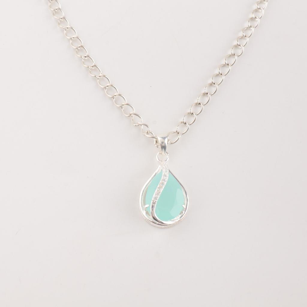 Aqua Chalcedony Gemstone Zircon Pendant 925 Sterling Silver Jewelry Gift For Her CZP-7-8