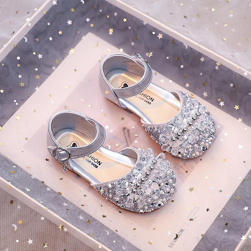 Girls Silver Single Shoes 2025 Spring and Autumn New Children's Rhinestone Korean Version Princess Shoes Little Girl Crystal Shoes Small Leather Shoes
