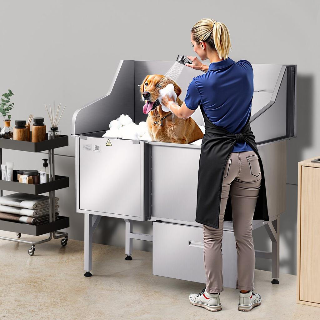 127 cm Dog Grooming Bath Tub Stainless Steel w Ramp Faucet Left Door