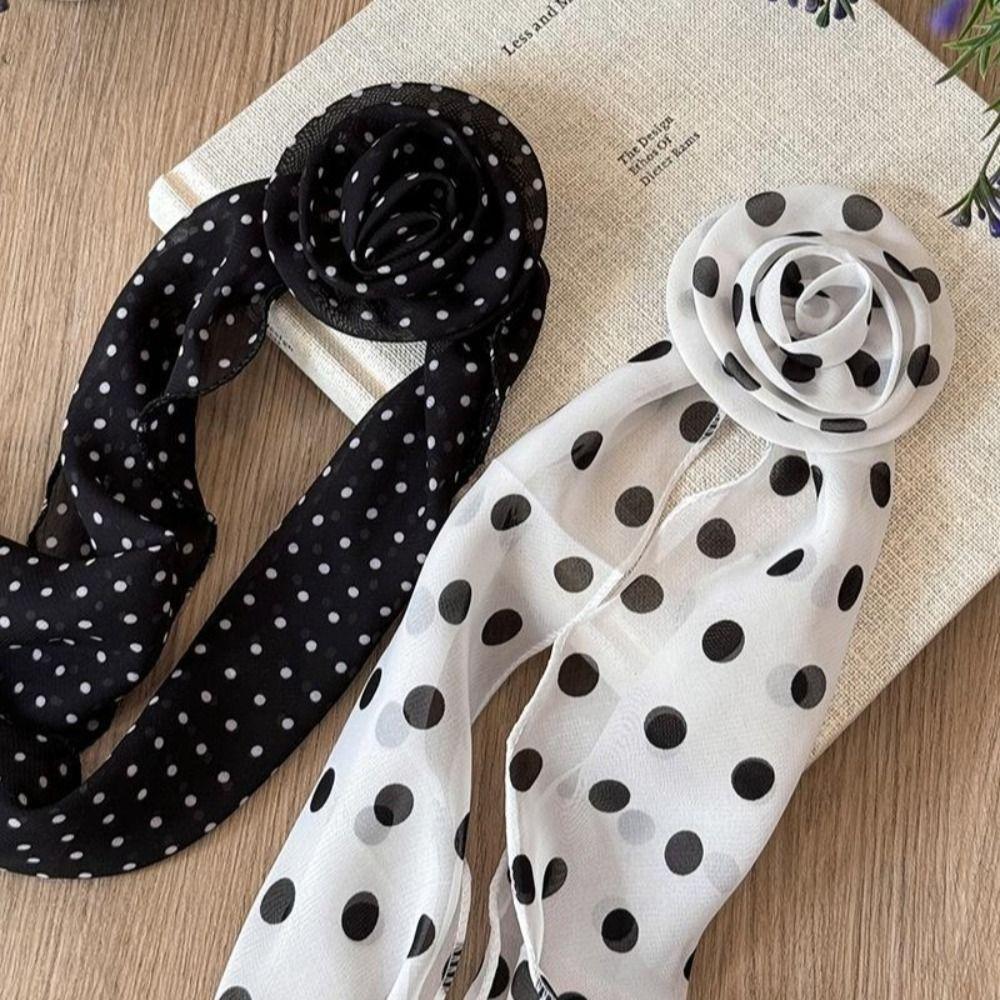 Fashion Detachable Chiffon Long Scarf Polka Dots Versatile Thin Rose Decor Neck Scarf Elegant Scarf Shawl Women Girls Gifts