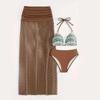 Women's 3 Piece Boho Bikini Set with Fishnet Maxi Skirt - Tribal Print Swimwear