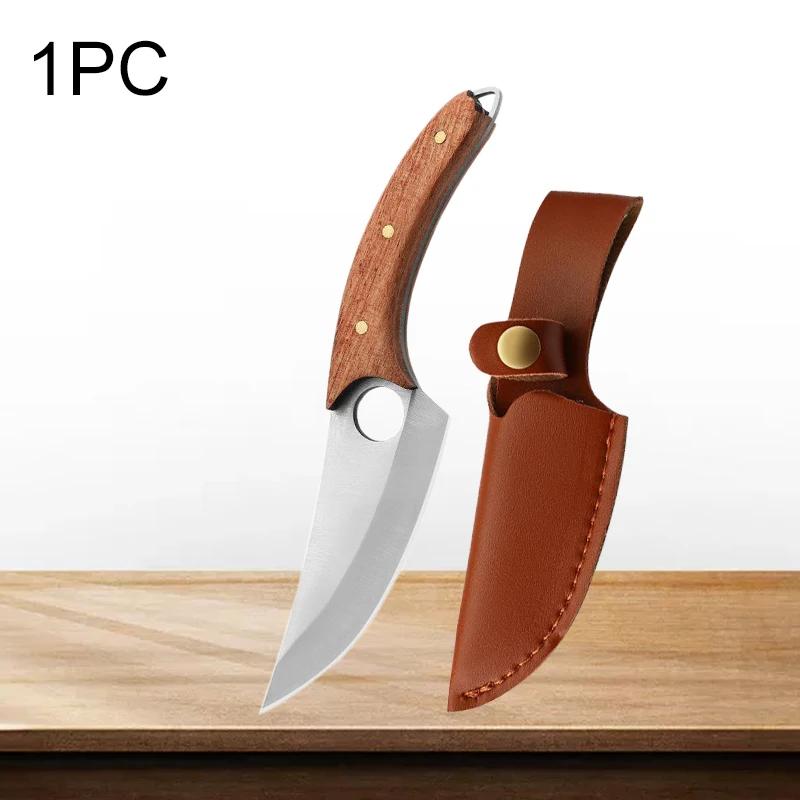 Portable Boning Knife Mini Kitchen Pocket Knife Chef Meat Cutting Fruit Cleaver Butcher with Cover Cooking Wooden Handle
