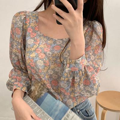 Cute Top Floral Print Young Square Neck Puff Sleeve Lovely Ladies Blouse for Work