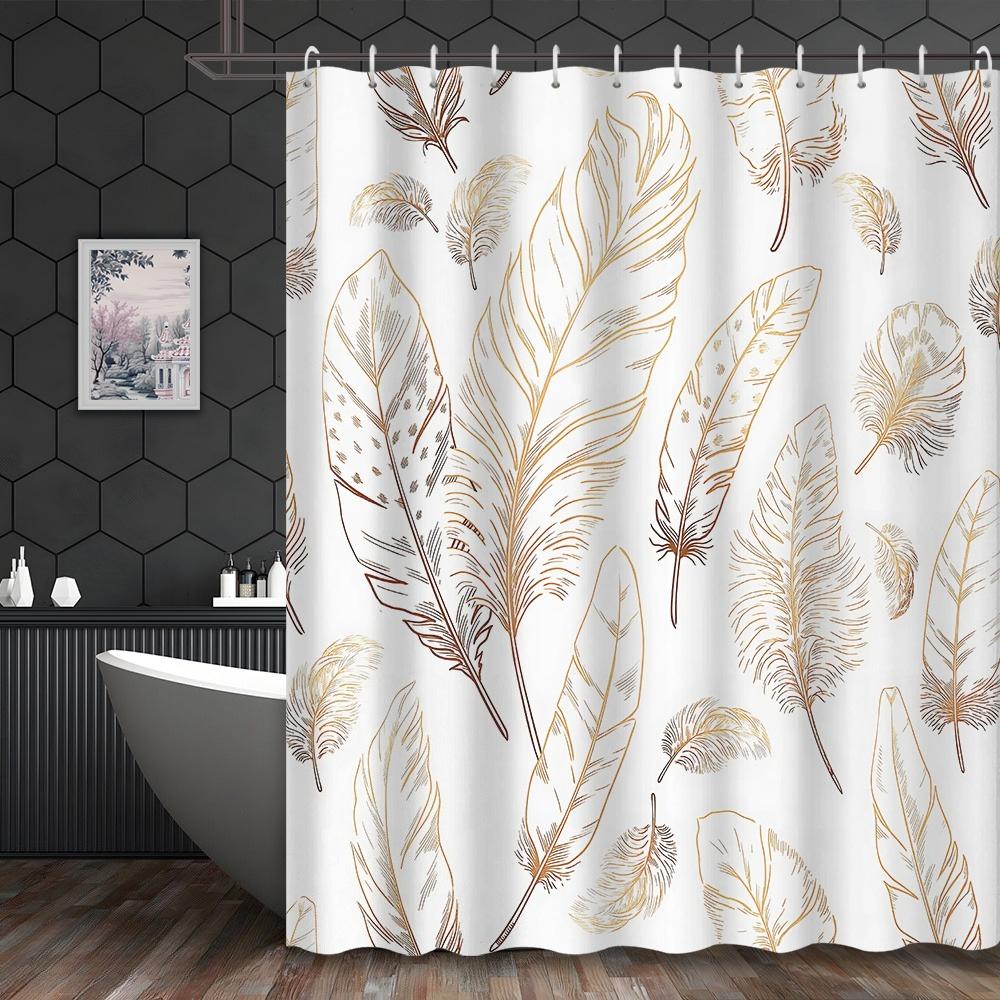 1Pc 2D Flat Printed Shower Curtain With Golden Line Feather Pattern Design,, Includes 12 Hooks, Bathroom Accessory, 2D Flat