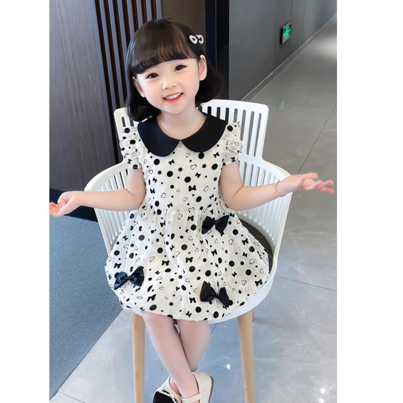 Vestido de Verano para Niñas de 3 a 7 Años Vestido de Princesa para Niñas Cuello Vuelto Vestido Casual para Niña Blanco y Negro con Lazo
