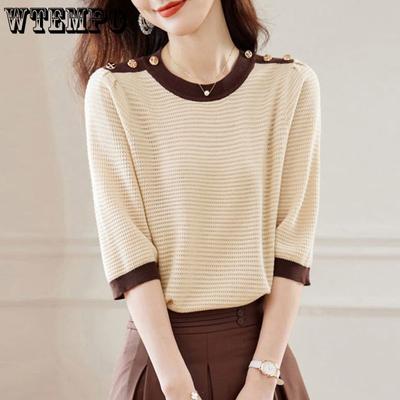 Spring Seven Quarter Sleeve Women's Knitted T-shirt Loose Contrasting Color Knitted Top Slimming and Stylish