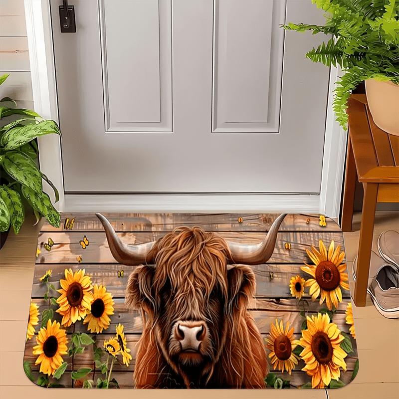 

Cow & Sunflower Doormat, Farmhouse Kitchen Rug with Wooden Fence, Machine Washable Polyester Door Carpet Mat 40x60cm