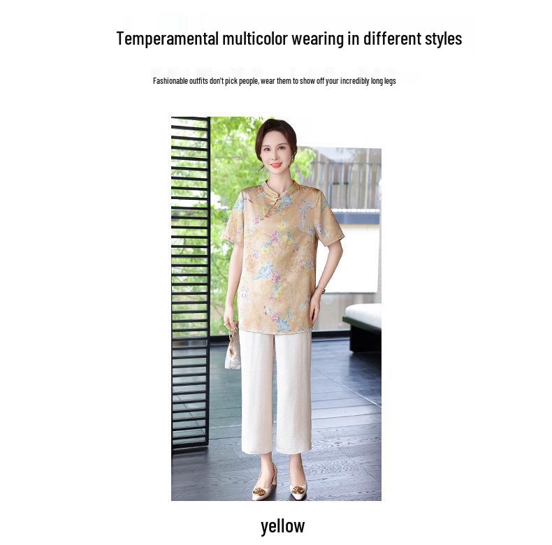 Chinese Style Summer Set for Middle-Aged and Elderly Women: Short-Sleeved Qipao Top & Pants Two-Piece