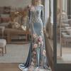 Halloween Cosplay Costume Women Skeleton Print Maxi Dress, Gothic Long Sleeve Dress with Velvet 3D Flower Decor, Floral for Party