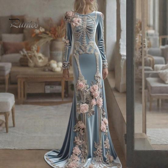 Halloween Cosplay Costume Women Skeleton Print Maxi Dress, Gothic Long Sleeve Dress with Velvet 3D Flower Decor, Floral for Party