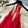 Seaside vacation dress women's summer dress design sense V-neck neck sling backless split chiffon beach dress long dress