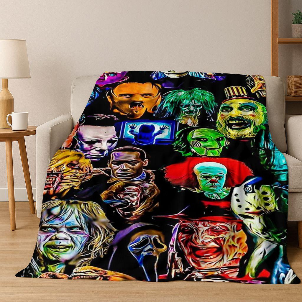 Horror Chucky Pennywise Clown Halloween Saw Freddy Krueger Flannel Blanket Soft Warm Blanket for Bedroom Living Room Bed Picnic