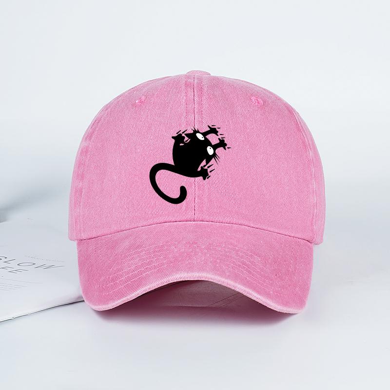 

Print Washed Baseball Cap Soft, Comfortable, Lightweight, Air Permeable, Adjustable Cute, Playful, Trendy, Fashiona Fun Black Cat