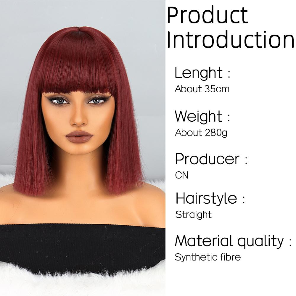 MISS WIG Natural Wine Red Synthetic Fiber Wigs Short Straight Wig with Bangs Wig Cosplay Daily Use Hair for Wome