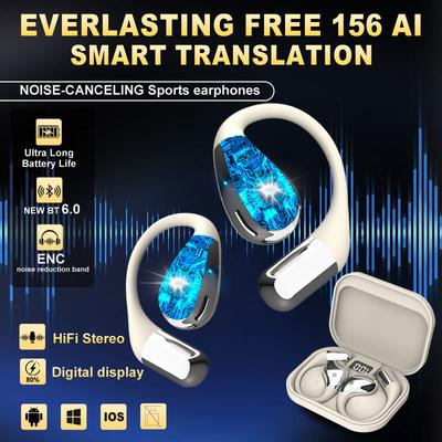 אוזניות תלויות אלחוטיות Bluetooth 6.0 נצחיות חופשיות בינה מלאכותית בזמן אמת 156 שפות תרגום אוזניות עם חיי סוללה ארוכים לנסיעות ספורט למידה