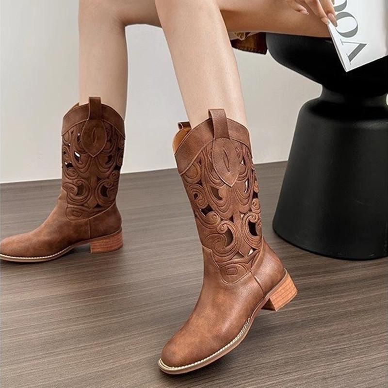 Fashion New Luxury Hollow Embroidered Vintage Western Boots Women Autumn Chunky Heels Knee High Cowboy Boots Woman Leather Knight Boots
