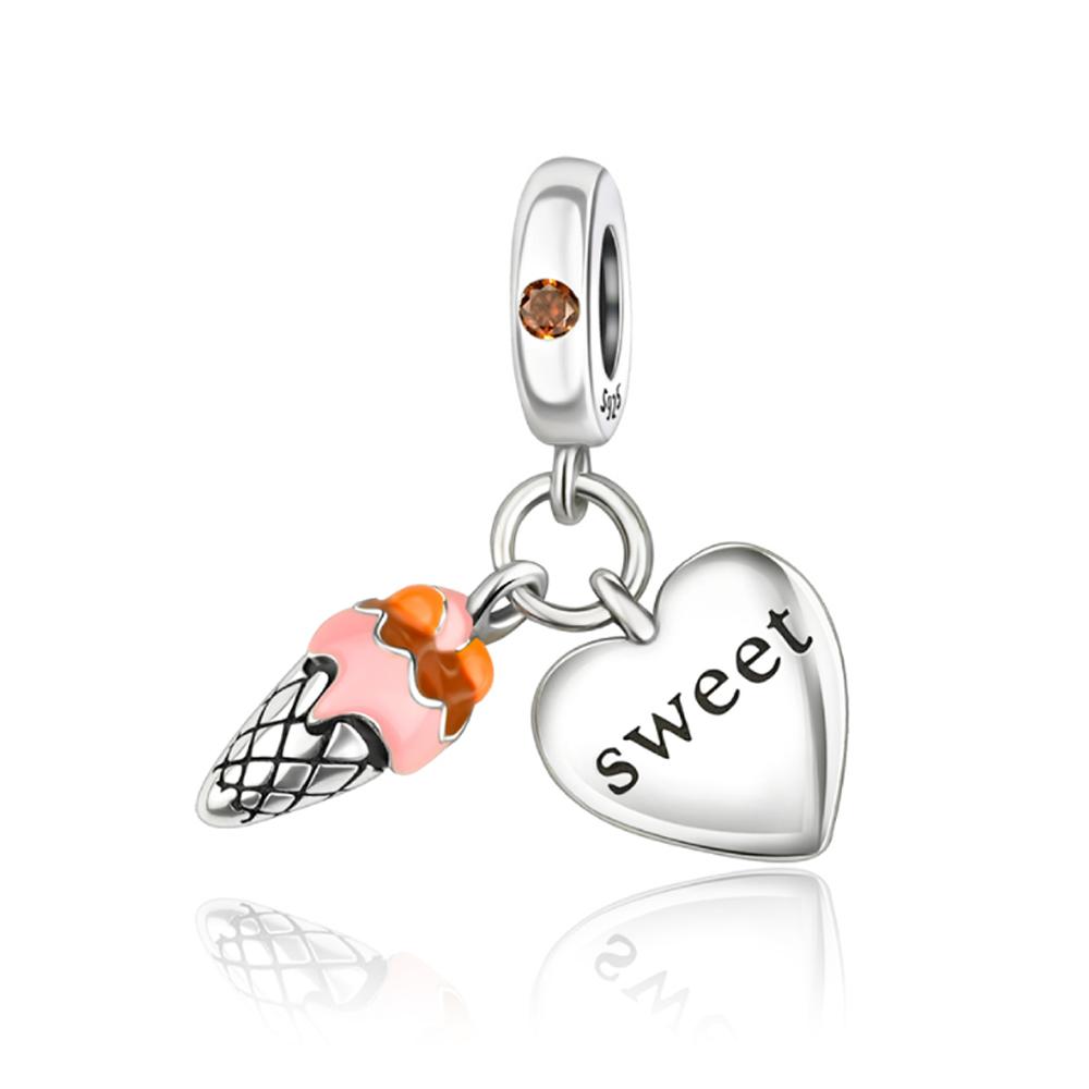 925 Silver Cute Lollipop Ice Cream Pendant Charms Cake Fruit Candy Donut Apple Pizza Beads Necklace DIY Bracelet Jewellery Gift
