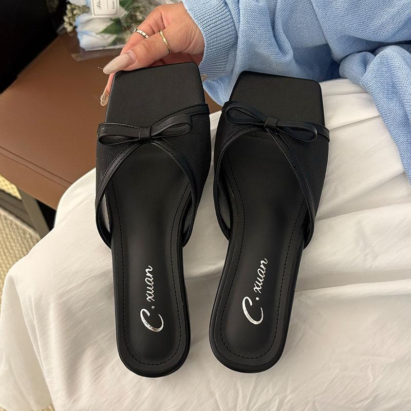 Fashion Low Heel Female Slides Sandals Women Slippers Shoes Square Toe Footwear Fashion Butterfly-Knot Ladies Heeled Slippers Shoes