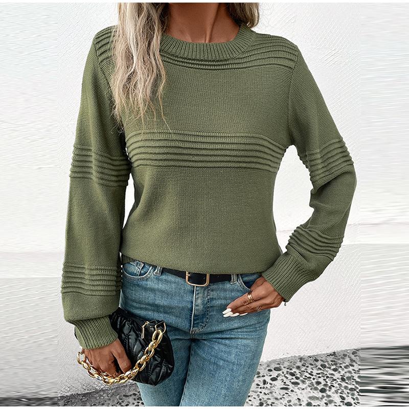Autumn Casual Top Multi-Color Crew Neck Long Sleeve Jacquard Solid Color Women Sweater