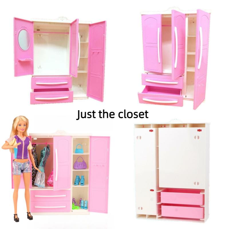 Doll Wardrobe Barbie Toys Threedoor Furniture Plastic Clothes Cabinet Storage