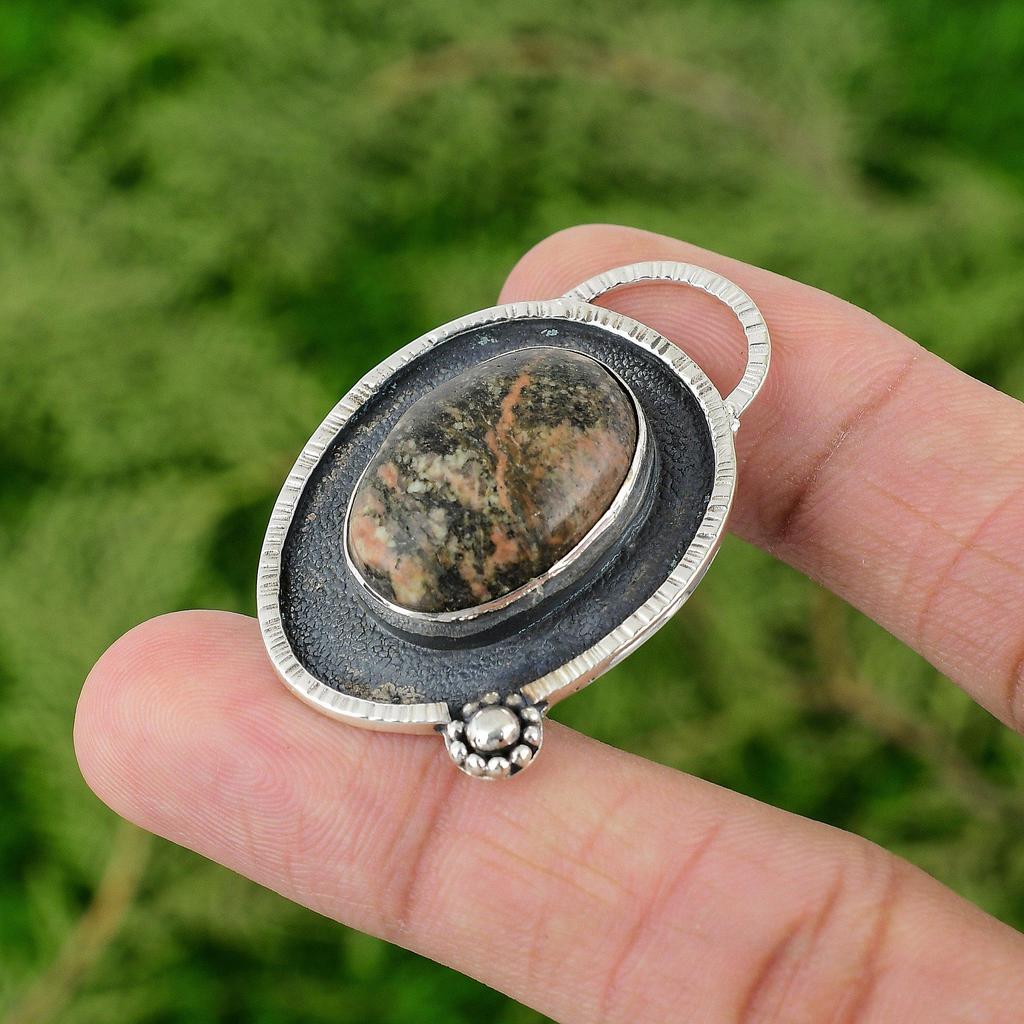 925 Sterlingsilber Ovaler Natürlicher Leopardenjaspis Handgefertigter Anhänger Schmuck