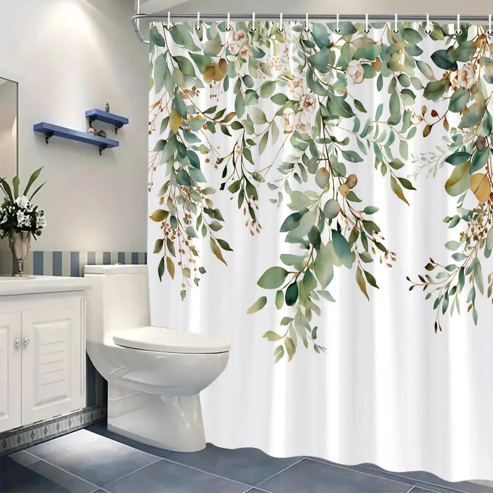 Watercolor Plant Leaf Shower Curtain Thanksgiving Gift Polyester Green Leaf Printed Shower Curtain Bathroom Decoration