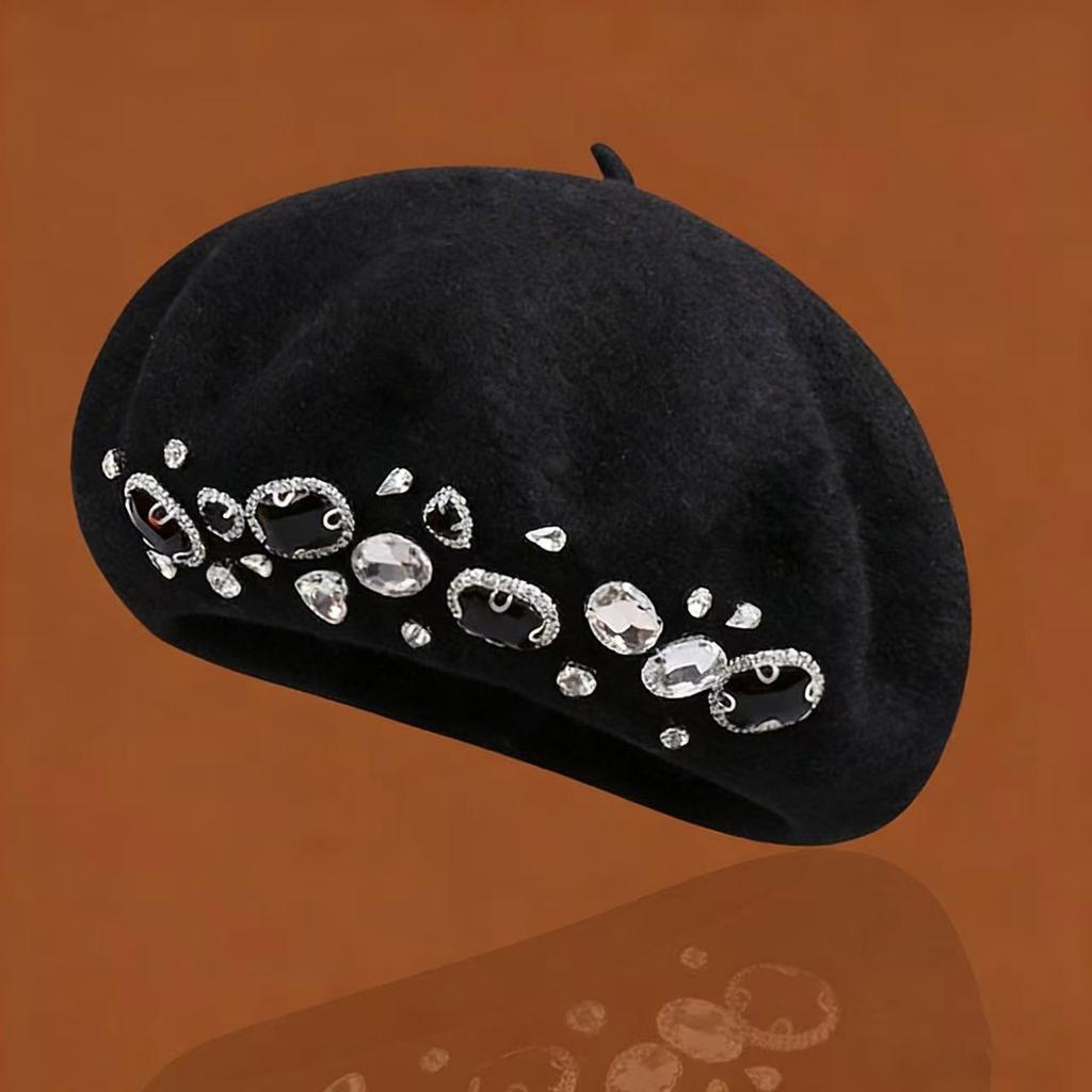 Autumn And Winter Artistic Solid Color Diamond Inlaid Fashionable Wool Beret Women's Outdoor Fashionable Versatile Painter Hats