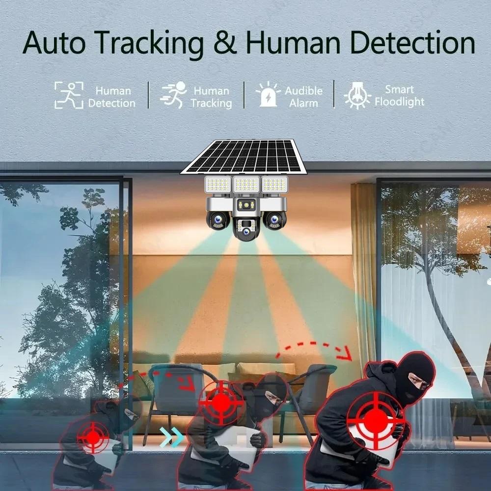 Câmera Solar 4G/WiFi, Três Lentes e Tela, Exterior, 15MP, Bateria de Baixo Consumo, Câmera IP, Detecção Humana PIR, Proteção de Segurança CCTV